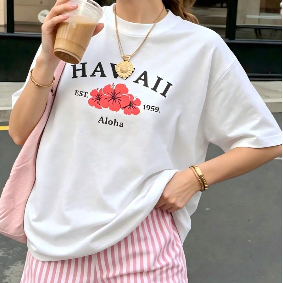 Camiseta para Mujer de Poliéster Manga Corta, Estampado de Corazón de Flores Estilo Acuarela, Casual Romántico De Moda Verano - Blanco - Ver 1
