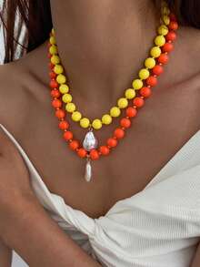1pc Bohemian Style Geometric Colorful Acrylic Beaded Asymmetric Baroque Faux Pearl Pendant Charm Jewelry Necklace, Luxurious & Elegant, For Wedding, Banquet, Vacation, Party, Daily Casual, Street Style, Women, Couples, Holiday, Birthday, Versatile Necklace Gift - Necklace - View 3