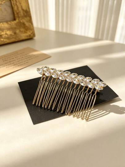 1pc Luxury Sparkling Zirconia Comb, Vintage Gold Hair Clip, Bridal Headpiece, Formal Event Versatile Side Bangs Hairpin, Delicate Wheat Ear Girl Hair Accessory