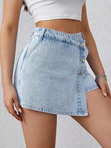 Envoltorio de falda pantalón denim con dobladillo asimétrico de unicolor - Lavado ligero 3 - Ver 5