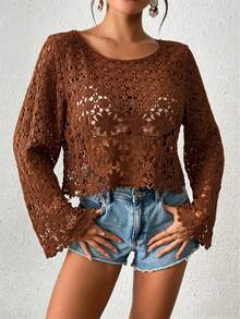 1pc Solid Color Knit Sheer See-Through Casual Blouse, Suitable For Beach, Resort, Spring/Summer/Autumn Vacation - Coffee Brown - View 2