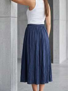 WOMEN CASUAL LOOSE FİT PANTS ELASTİC WAİST - Navy Blue - View 4