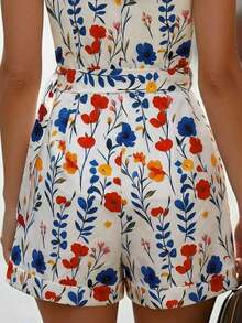 Conjunto de verano de pantalón corto y top sin mangas con cuello de blazer, hebilla metálica, cintura ceñida y puños, mono elegante y formal para mujer - Multicolor - Ver 3