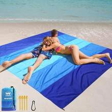 Beach Blanket Waterproof Sandproof Beach Mat 79" X 55"For 2-6 Adults Quick Drying Outdoor Picnic Mat Beach Accessories For Travel, Camping, Hiking - Blue+Grey - View 2