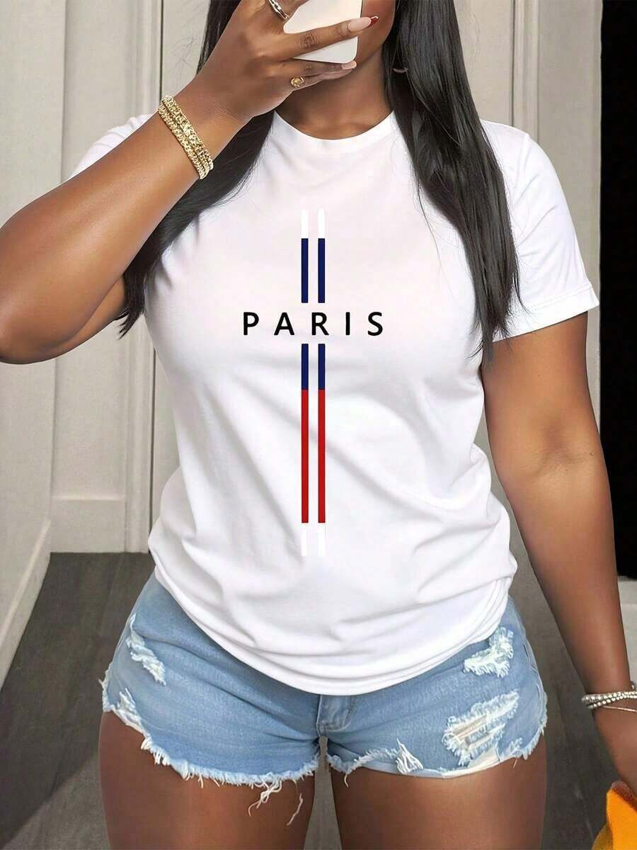 Camiseta con Diseño de la Bandera de París para Mujer, Manga Corta, Estilo Casual, Camiseta de Moda, Look Urbano - Blanco - Ver 1