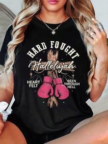 Camiseta con diseño inspirador de boxeo sin negro | Camiseta de cuello redondo Hallelujah resistente y duradera, combinada con guantes de boxeo rosados, camisa casual de elasticidad media, adecuada para uso informal y fiestas de cumpleaños - ropa de primavera/verano lavable a máquina, diseño de contraste llamativo, ropa cálida para mujer, blusas elegantes para mujer. - Negro - Ver 1