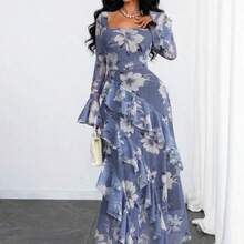 Women's Elegant Sexy Modern Luxurious Long Sleeve Y2K Romantic Ruffle Double Layer Printed Dress Vacation - Multicolor - Ver 5