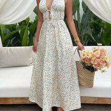 SunnyBelle Women's Ditsy Floral Elegant  Halter V-Neck Backless Dress, Suitable For Spring/Summer Vacation - Multicolor - Ver 7