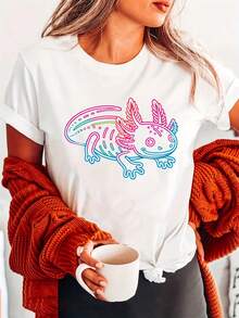 Camiseta con Estampado de Axolotl, Manga Corta, Cuello Redondo, Estilo Casual para Verano y Primavera, Ropa de Mujer - Negro - Ver 7
