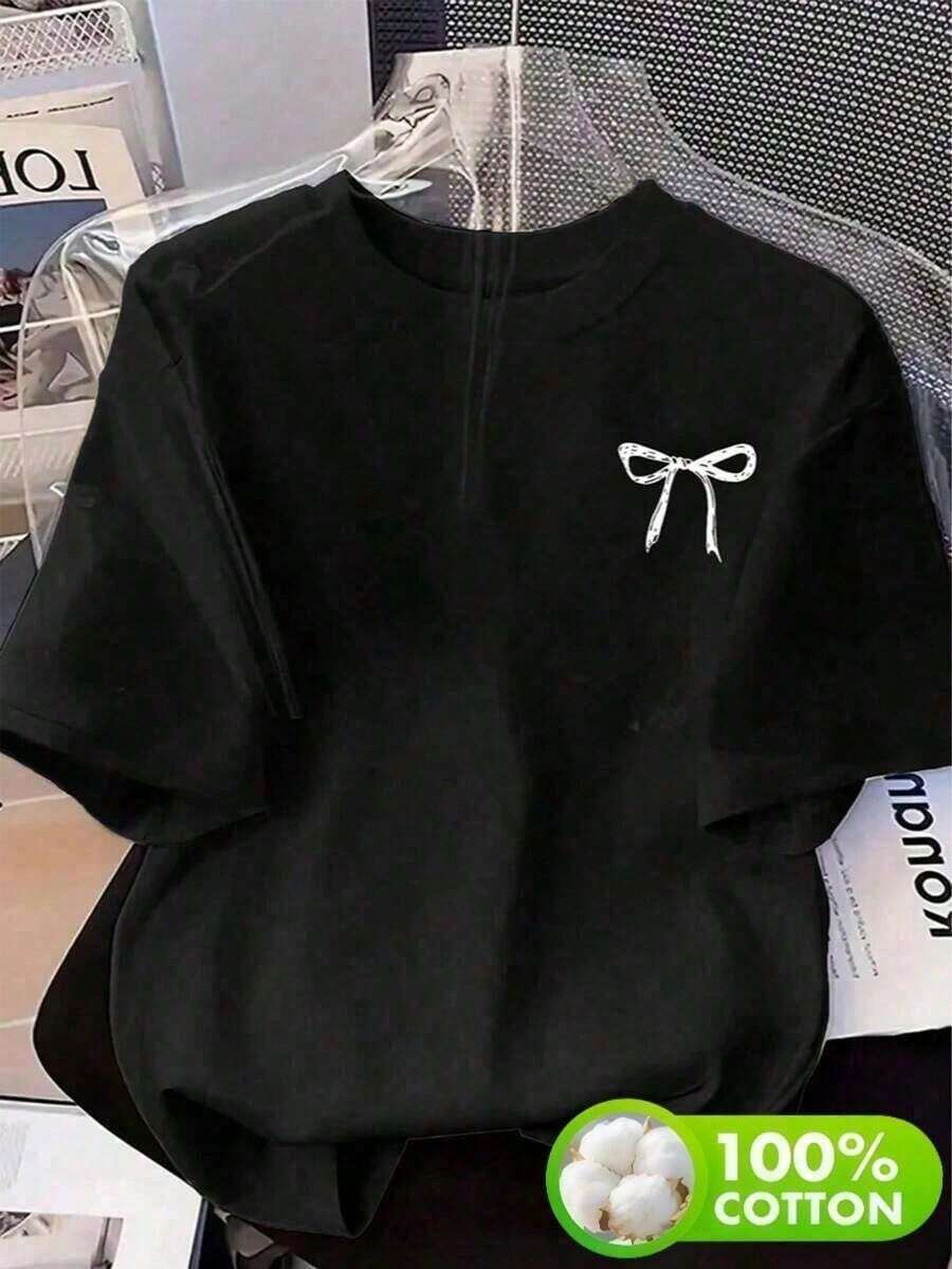 Camiseta bicolor en blanco y negro con estampado de lazo simple - Casual y versátil - Negro - Ver 1