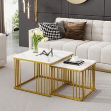 (WF326269AAW Makeover) Set Of 2 High-Gloss Square Coffee Tables With Marble Effect, Nesting Tables With Gold Legs, 60*60*45cm And 45*45*40cm, Versatile Use - White - View 4
