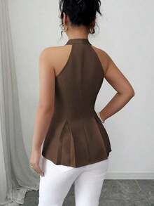 Camisa sin mangas con cuello en V, abotonada, con pliegues a la cintura y línea A, casual y elegante, adecuada para la oficina, vacaciones, primavera/verano - Marrón - Ver 2