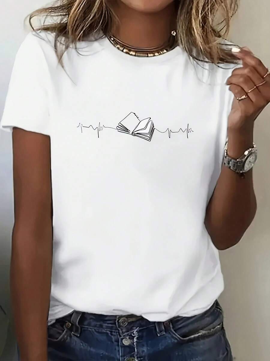 Camiseta casual de mujer con cuello redondo, línea de ECG y gráfico de libro - Manga corta, ligera, camiseta de verano, uste regular, camiseta de uso diario | Camiseta gráfica | uste cómodo, camisetas de mujer