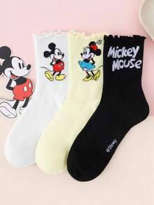Disney 1/3/6双装迪士尼米奇米妮卡通可爱印花荷叶边中筒袜，时尚舒适百搭男女通用休闲袜，适合所有季节 - 彩色 - 查看 13