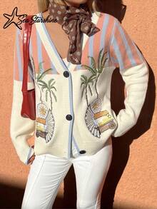 Women's Autumn/Winter Casual Beach Knit Cardigan With Embroidered Starfish, Palm Tree, Sun And Star Patterns, Ideal For Beach Vacation - Multicolor - View 5