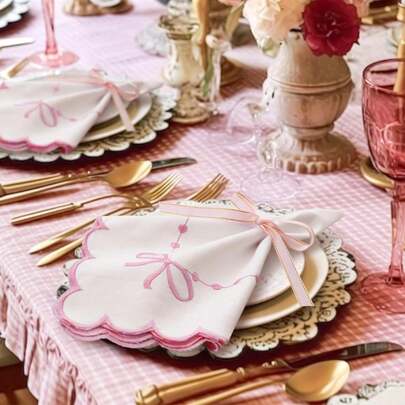 1/2/6pcs French Embroidered Bow Napkins, Pink Ruffled Fabric Placemats, Suitable For Parties, Weddings And Holidays