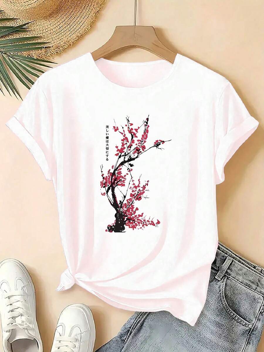 Women's Short Sleeve T-Shirt - The Ros T-Shirt Features A Printed Design Of A Cherry Blossom Tree With Red Flowers On The Branches, Accompanied By Japanese Text. The Printed Design Is Machine Washable, And This Comfortable, Casual, Crew-Neck T-Shirt Is Easy To Match. Made From A - 白色 - 查看 1