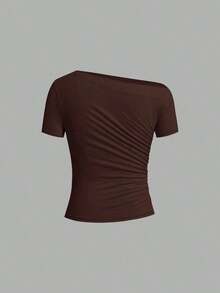 Camiseta de moda ajustada de manga corta con hombros oblicuos de unicolor para mujer - Multicolor - Ver 4