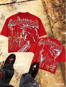 "Godspeed" Title - Oversized Distressed Print T-Shirt With Statue Of Liberty Pattern In The Night, Men's Short Sleeve, 100% Cotton, Loose Fit, Y2K Street Retro Casual Urban Aesthetics, 100% Cotton Pullover. Gift. - 紅色 - 查看 1