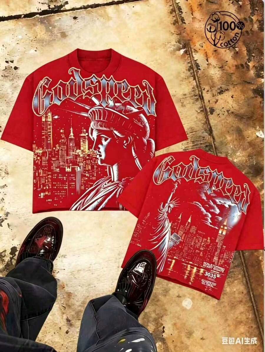 "Godspeed" Title - Oversized Distressed Print T-Shirt With Statue Of Liberty Pattern In The Night, Men's Short Sleeve, 100% Cotton, Loose Fit, Y2K Street Retro Casual Urban Aesthetics, 100% Cotton Pullover. Gift. - 紅色 - 查看 1