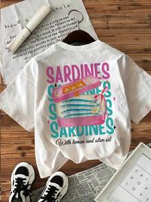 Top Casual de Primavera/Verano para Mujer, Estilo Fresco, Estampado de Sardinas, Limones y Aceite de Oliva, Camiseta Corta de Moda con Cuello Redondo - Albaricoque - Ver 9