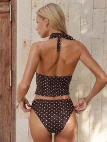 Top ajustado sin mangas con tirantes finos, escote en V y estampado de lunares, un top de bikini de verano a la moda - Multicolor 4 - Ver 2