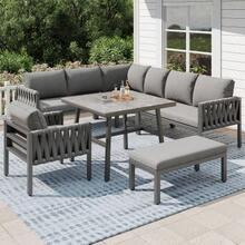 Rope Garden Furniture Set With Galvanized Iron Frame, Adjustable Feet, Corner Sofa, Tempered Glass Tabletop, Seat And Back Cushions Included, Grey - 灰色 - 查看 5