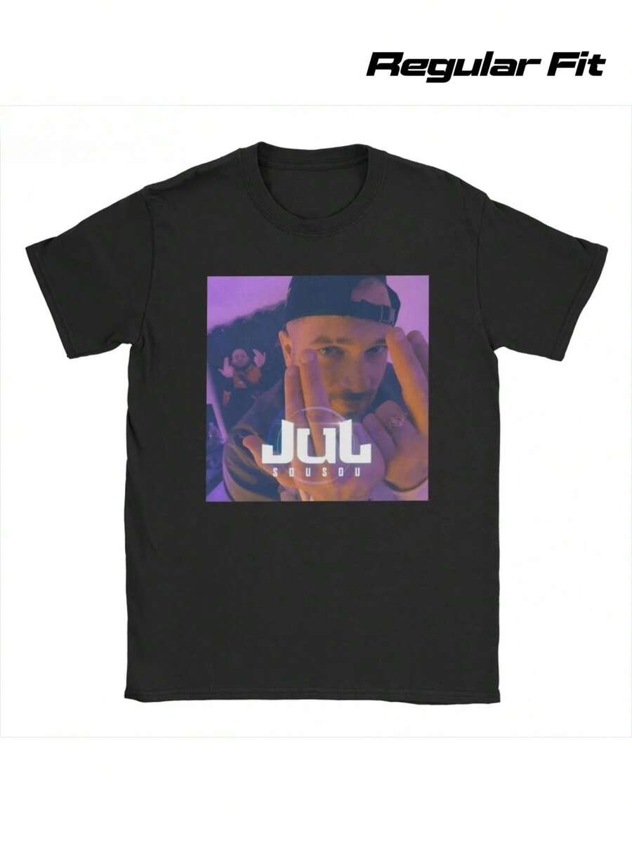 Camiseta de Hombre con Estampado JUL - Una Camiseta de Cuello Redondo para Hombre, Fácil de Lavar a Máquina, Perfecta para Cualquier Temporada, Disponible en Tallas S a XXL, con Corte Regular, Ideal para los Amantes de la Moda Urbana. - Negro - Ver 1