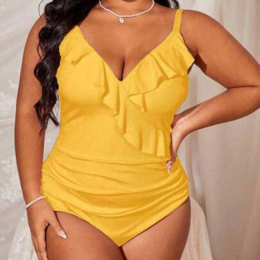 Swim Lushoire Plus Size Women's Plain Simple Daily One-Piece Camisole Summer - Amarillo - Ver 1