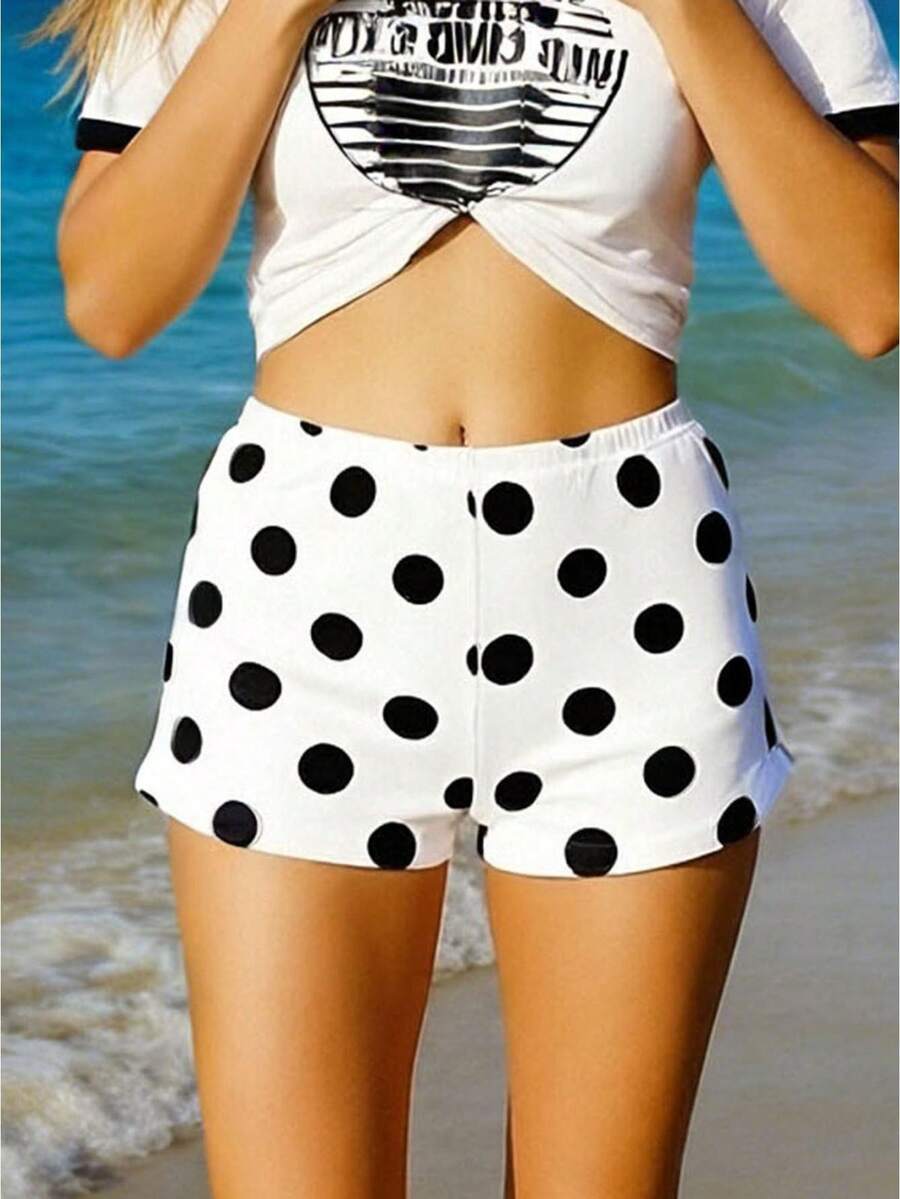 Women's Beach Shorts Dot Print Elastic Waist Mini Shorts Summer Fashion Stretchy Hot Pants - Blanco - Ver 1