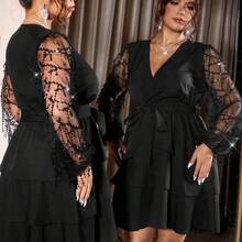 Cravure Plus Size Women's Elegant Deep V-Neck Party Dress, Black Sequin Mesh Tie Waist Slim Fit Long Lantern Sleeve Ruffle Hem Knee-Length Sexy Mini Dress, Suitable For Valentine's Day, Music Festival, Halloween, Christmas Party, Prom, Holiday, Date, Wedding - Burdeos - Ver 4