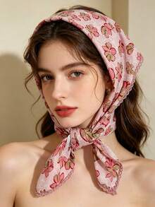 1 Pc Ladies' Soft & Breathable Printed Square Scarf/Headband/Triangle Scarf, With Colorfast Ditsy Floral Pattern, Suitable For Daily Wear For Dress - Multicolor - View 3