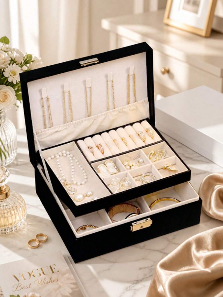 1pc 2-Layer Premium Jewelry Storage Box, Necklace, Earrings, Bracelet, Ring Organizer, French Elegant Jewelry Box, High-End Oxidation Resistant Jewelry Display Case With Lock, Large Capacity Multi-Compartment Jewelry Tray - Multicolor - View 1