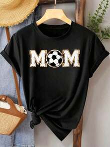 Camiseta estampada con patrón de mamá de fútbol para mujeres - Top casual de manga corta y cuello redondo, decoración de estampado de leopardo, color gris mezclado, lavable a máquina, cómoda para mamá deportiva y uso diario, tela suave y duradera, ropa casual, material cómodo, camiseta básica diaria - Negro - Ver 4