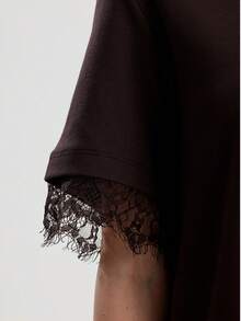 RoseArya Premium Cotton Lace Sleeve & Back T-Shirt - Brown - View 5