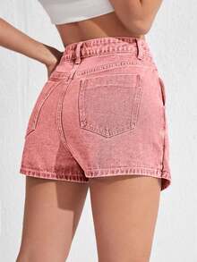 Envoltorio de falda pantalón denim con dobladillo asimétrico de unicolor - Rosa - Ver 2