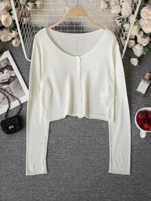 Cardigan en tricot léger et transparent à manches longues pour femmes | Top de style coréen décontracté et élégant avec boutons devant, couleur unie, style vintage - Nude - Voir 8