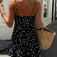 Women's Vintage White Polka Dot V-Neck Ruched Dress With Floral Decor, Tiered Bubble Hem, Elegant French Style For Beach, Party, Music Festival, Valentine's Day, Date, Casual Romantic Mini Dress - Negro - Ver 8