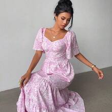Summer Short Sleeve Vacation Beach Music Festival Pink Floral Dress - Rosa Oxidada - Ver 7