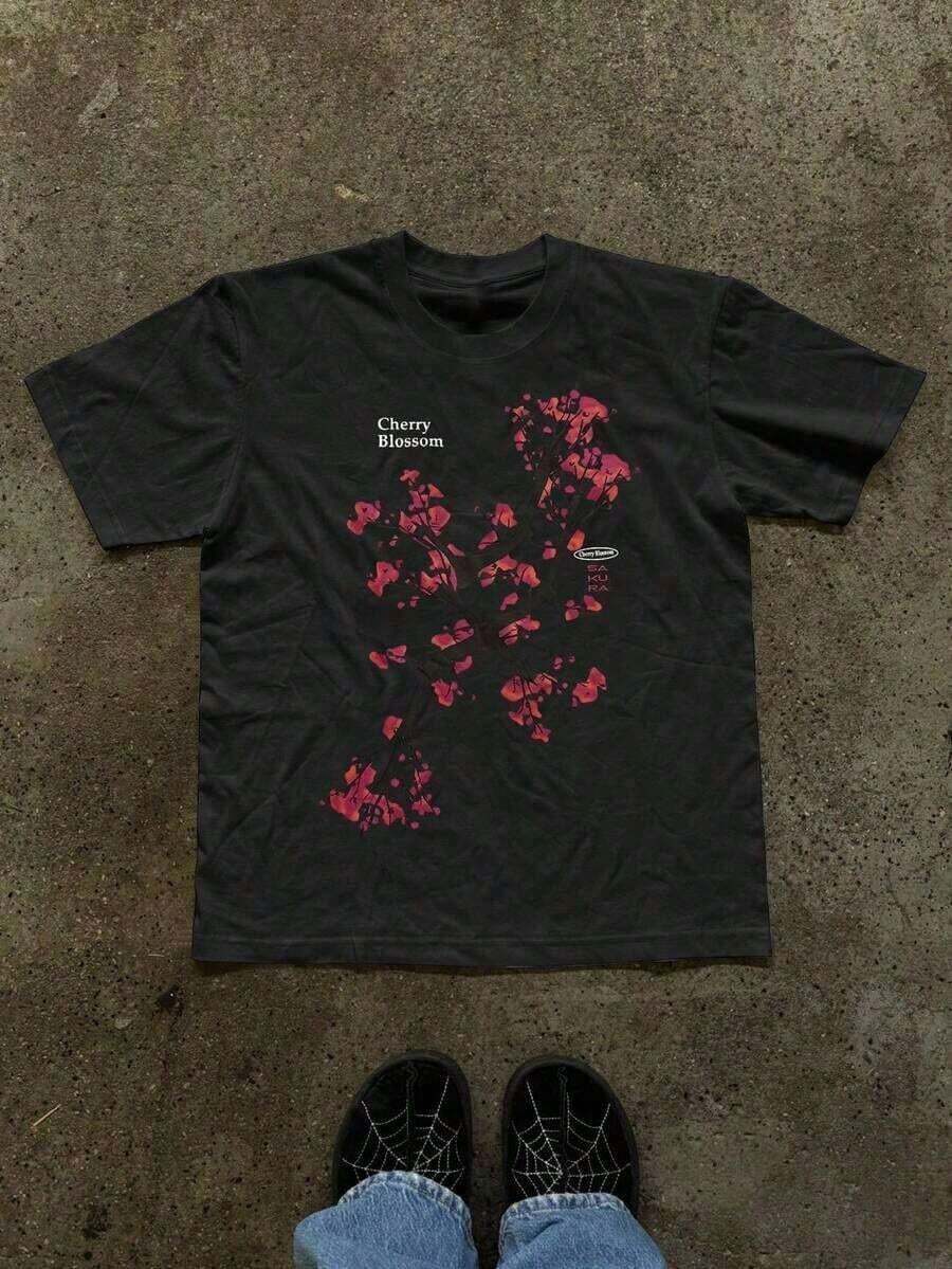 100% Cotton Women's Casual T-Shirt With Cherry Blossom Print And Round Neck, Made Of 100% Pure Cotton Fabric, Soft And With A Natural Drape, Suitable For Daily Wear, Office, School, Vacation, Camping, Versatile Style, Short Sleeves Make Your Summer More Vibrant And Colorful. - 黑色 - 查看 1