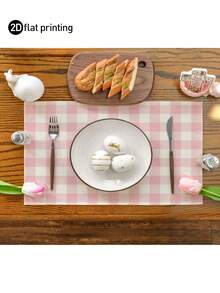 4/6pcs Bohemian Style Minimalist Plaid Print Linen Placemats, Non-Slip Square Farmhouse Style Dining Table Mats, Washable Kitchen Coasters, Coffee Table Mats, Heat Insulation Pads, Suitable For Wedding, Dining, Party And Home Decor - Baby Pink - View 7