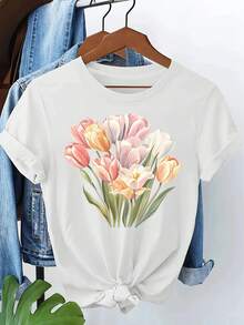 Women's Casual Short-Sleeve T-Shirt With Vibrant Tulip Print - Soft, Lightweight, And Cool Round Neck For Summer, White With Colorful Floral Design, Perfect For Casual Outfits, Everyday Wear T-Shirt | Round Neck T-Shirt | Comfortable - 白色 - 查看 1
