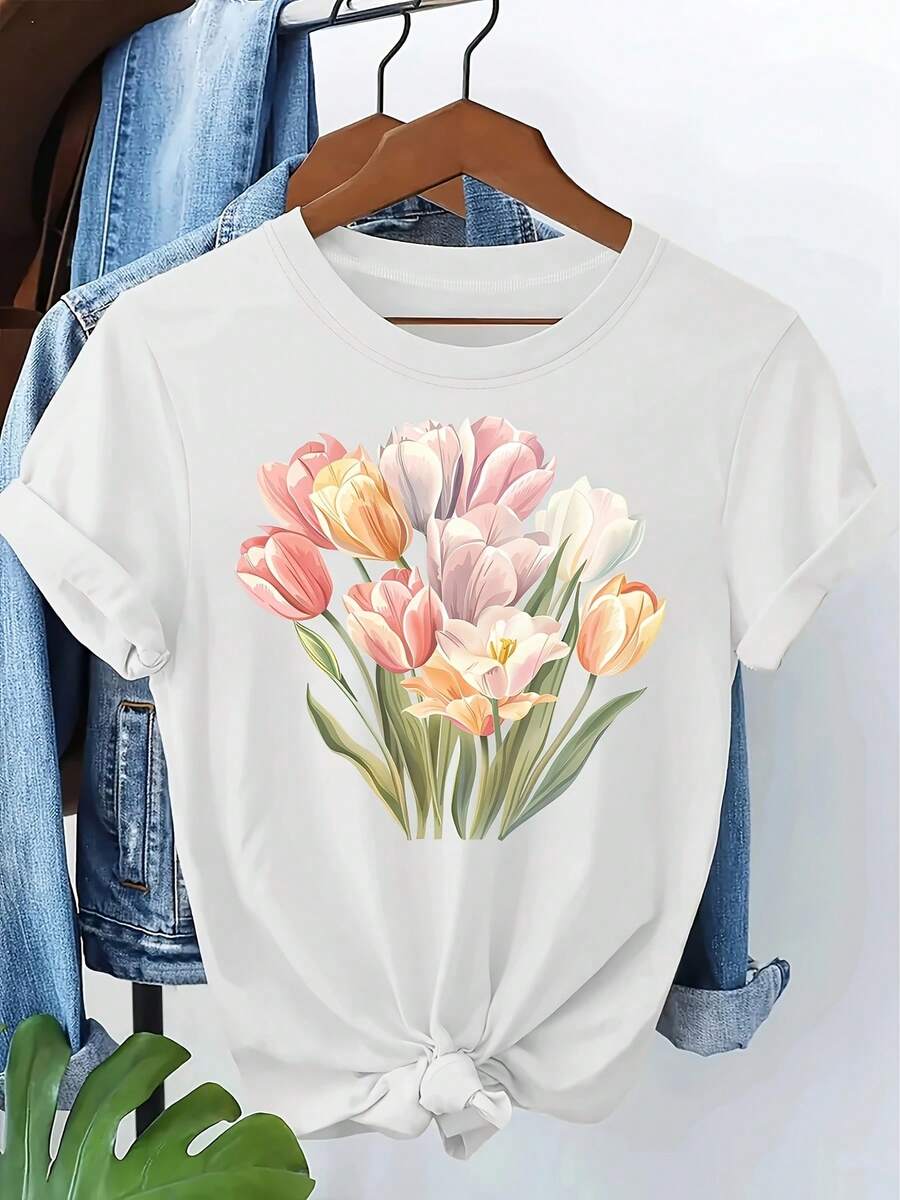 Women's Casual Short-Sleeve T-Shirt With Vibrant Tulip Print - Soft, Lightweight, And Cool Round Neck For Summer, White With Colorful Floral Design, Perfect For Casual Outfits, Everyday Wear T-Shirt | Round Neck T-Shirt | Comfortable - 白色 - 查看 1