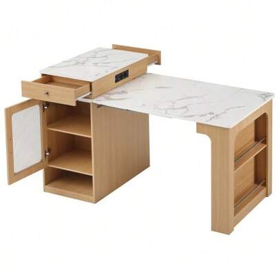 Kitchen Island On Wheels, Extendable Dining Table With Removable Top, Bar Table With Power Strips, Serves As A Kitchen Island, Buffet Or Bar Table For The Kitchen And Dining Room (Natural)