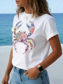 Flower Crab, un nuevo producto imprescindible para el verano. Adecuado tanto para la primavera como para el verano. Camiseta cómoda e informal para mujer, primavera-verano, cuello redondo, tacto suave, regalo ideal para todas las ocasiones. Camisetas casuales, camiseta de manga corta de cuello redondo, estilo oversized, de tela suave y transpirable, ideal para fiestas y como regalo. - Blanco - Ver 4