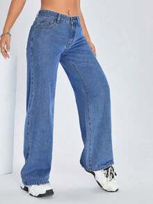 ICON Solid Color Wide Leg Pocket Jeans, Casual And Versatile - 中等水洗藍 - 查看 1