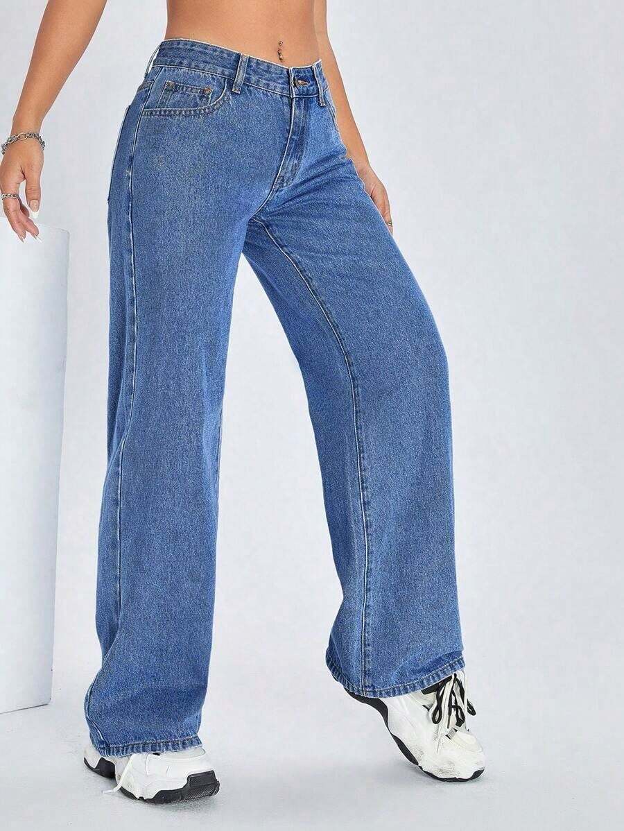 ICON Solid Color Wide Leg Pocket Jeans, Casual And Versatile - 中等水洗藍 - 查看 1