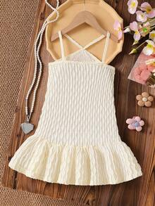 Young Girl Summer Fashion Cute Vacation Style Colorful 3D Floral Decor Ruffle Hem Halter Neck Dress - Apricot - View 2
