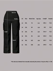 Plus Size Women Solid Color Casual Pocket Cargo Pants Black Spring - Black - View 11
