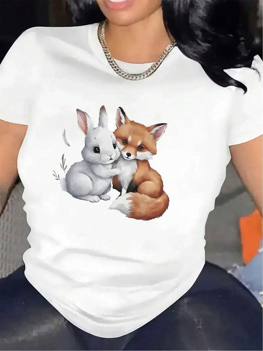 Lightweight And Durable Short-Sleeved T-Shirt With A Rabbit And Fox Design, Ideal For Casual Outings At Home Or Restaurants, Offering A Comfortable Fit For Everyday Wear. - [White] - View 1